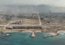 Gaza at war city destroyed by idf attacks, aerial rare view Drone view over North Gaza in the war with Israel. Gaza-March,20,2024