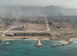 Gaza at war city destroyed by idf attacks, aerial rare view Drone view over North Gaza in the war with Israel. Gaza-March,20,2024