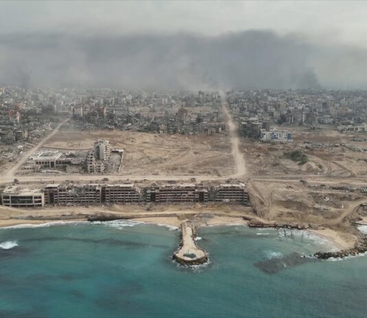 Gaza at war city destroyed by idf attacks, aerial rare view Drone view over North Gaza in the war with Israel. Gaza-March,20,2024