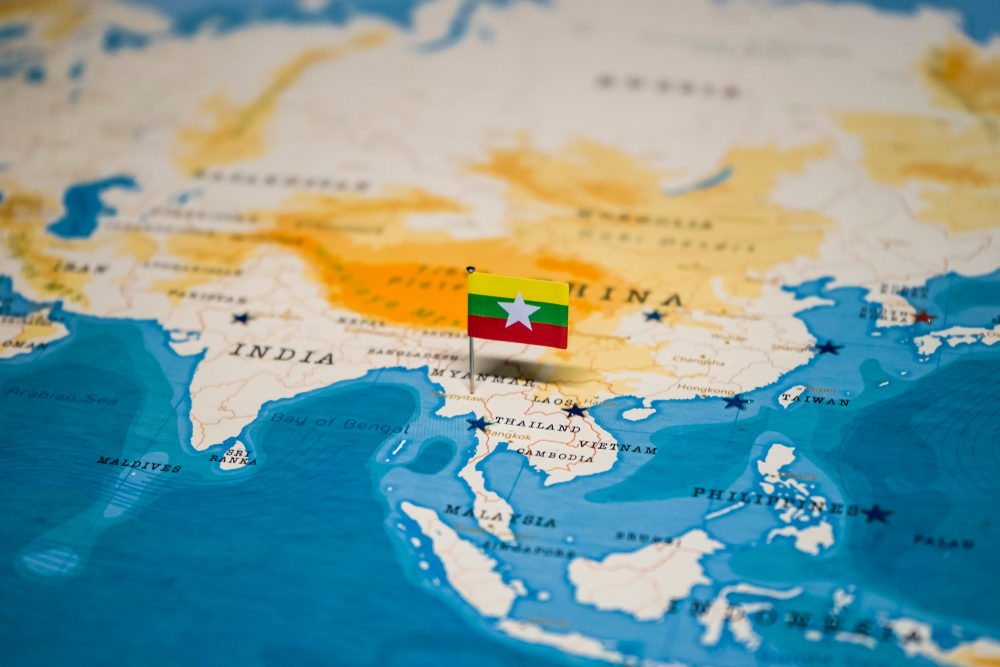The,Flag,Of,Myanmar,On,Naypyidaw,In,The,World,Map