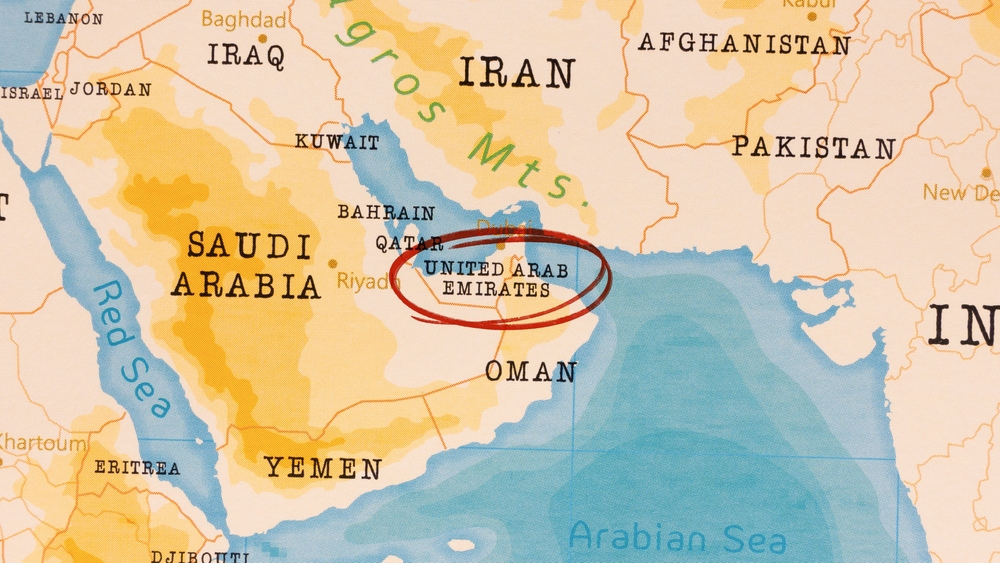 United,Arab,Emirates,Marked,With,Red,Circle,On,Realistic,Map.